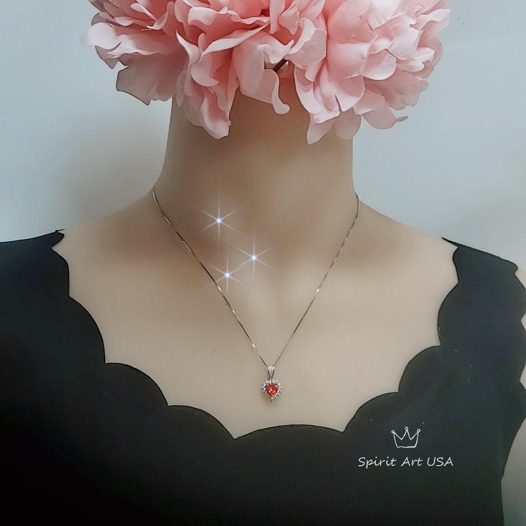 Tiny Sunstone Heart Necklace - Sterling Silver Tangerine Sapphire Spessartite Garnet Necklace Minimalist Orange Heart Pendant 024