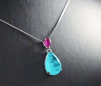 Sterling Silver Teardrop Paraiba Necklace - Dainty Red Ruby 6 CT Synthetic Lab Created Blue Paraiba Tourmaline Necklace #726