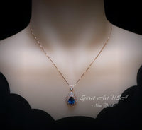 Lily Flower Blue Sapphire Necklace 18K Rose gold @ Sterling Silver 3 CT Blue Sapphire Pendant September Birthstone Layered Double Halo #790