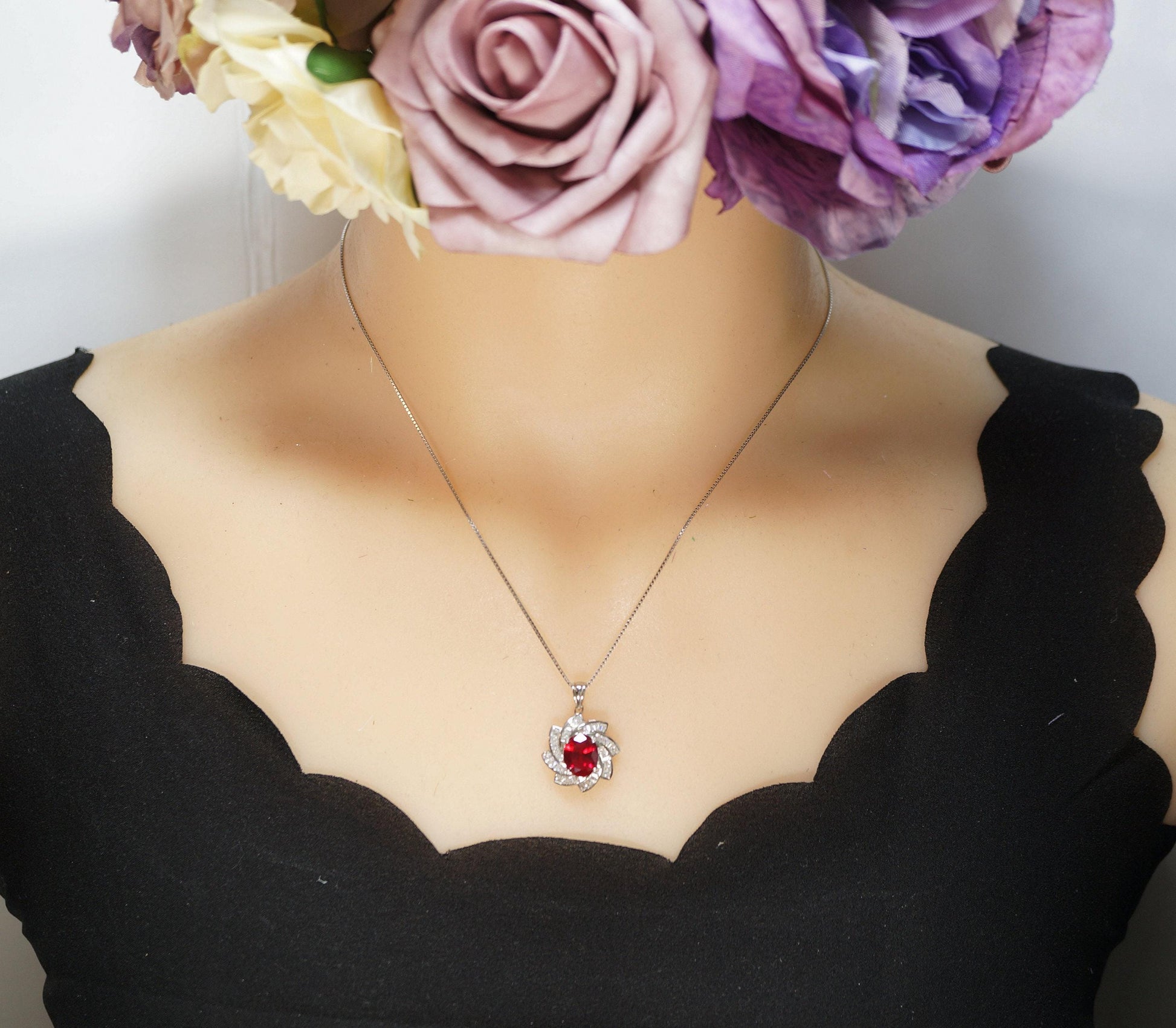 Large Ruby Necklace - Diamond Milky Way Spiral Pendant - 18KGP White Gold Sterling Silver - 3 CT Galaxy Vortexes Windmill Ruby Jewelry #1001