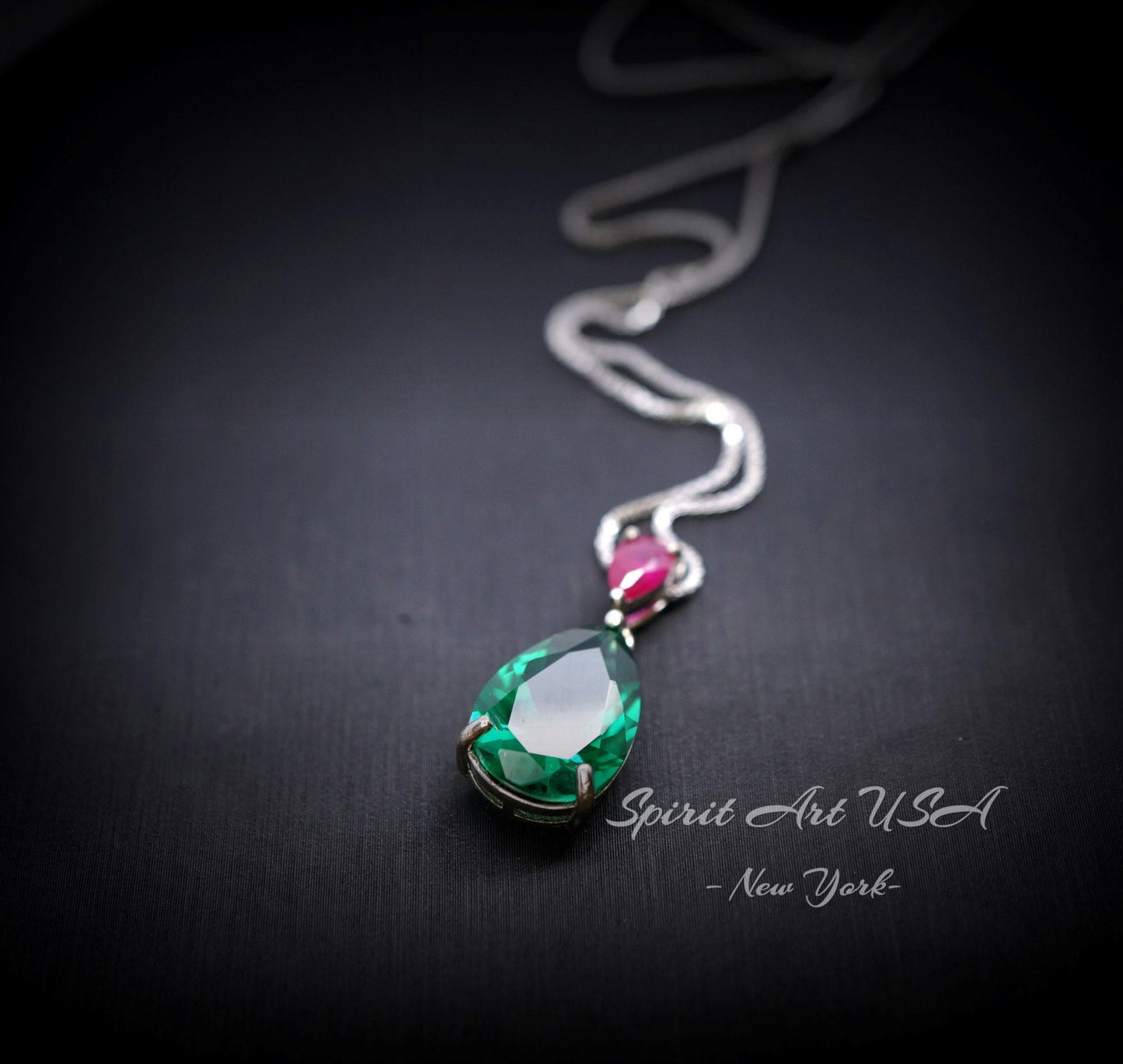 Double Teardrop Emerald Necklace Green Pear Cut Emerald Pendant 18kgp @ Sterling Silver - Large Emerald Jewelry - May Birthstone #729
