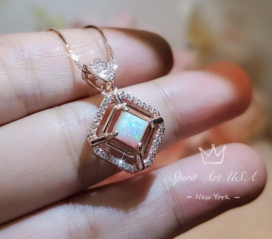 Dainy Square Opal Necklace Diamond Royal Flower Rose Gold Sterling Silver Tiny Fire White Opal Pendant 1022