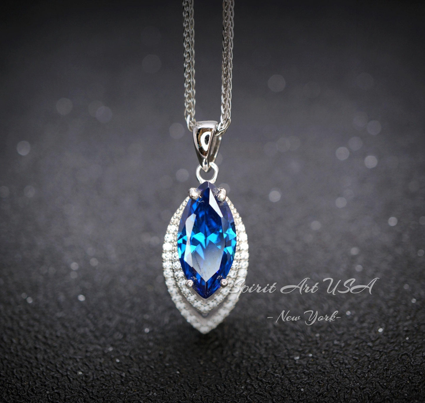 Blue Sapphire Necklace Marquise Cut White Gold Coated Full Sterling Silver Large 3 CT Blue Sapphire Pendant Gemstone Leaf Navette Style #676