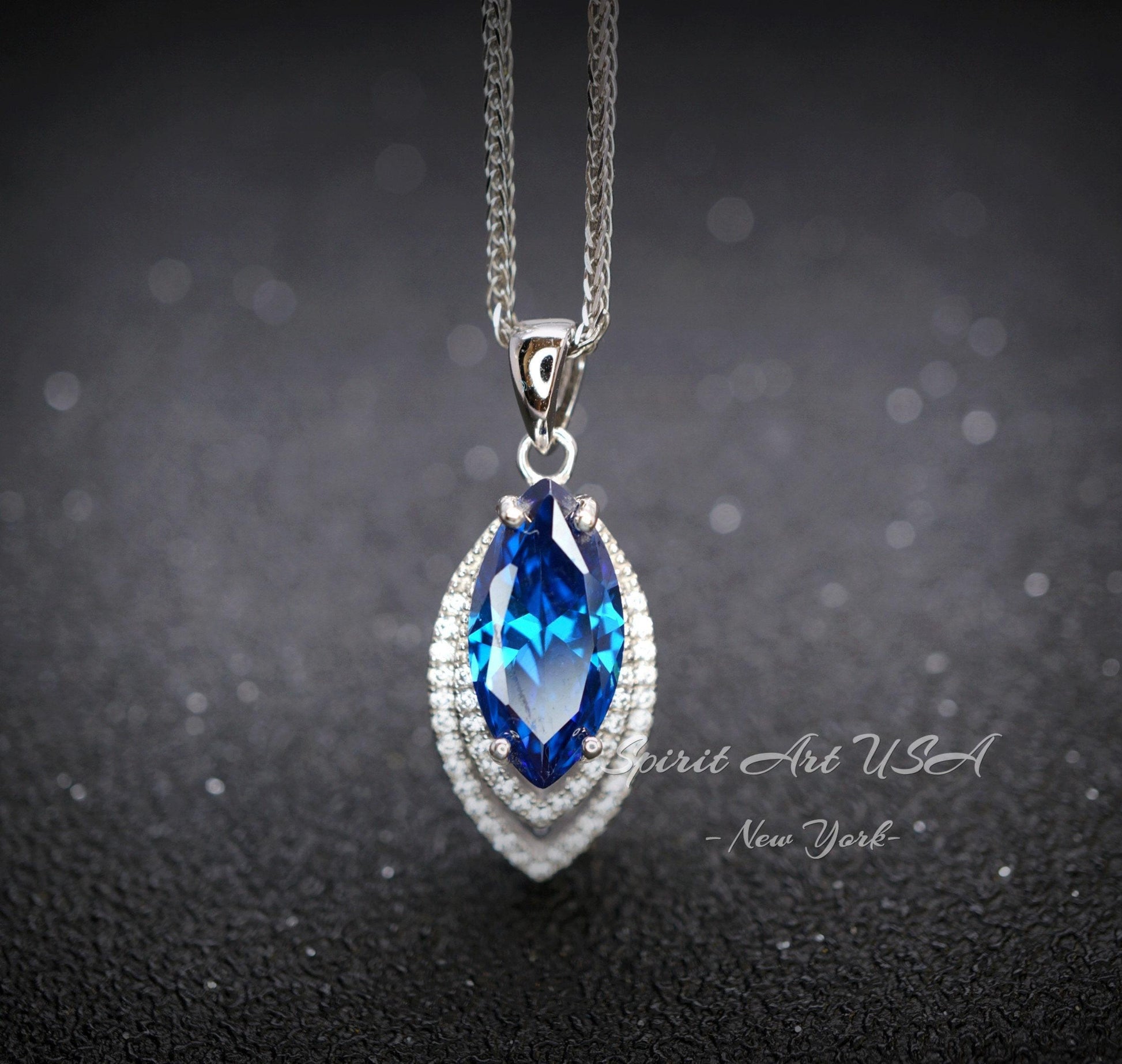 Blue Sapphire Necklace Marquise Cut White Gold Coated Full Sterling Silver Large 3 CT Blue Sapphire Pendant Gemstone Leaf Navette Style #676