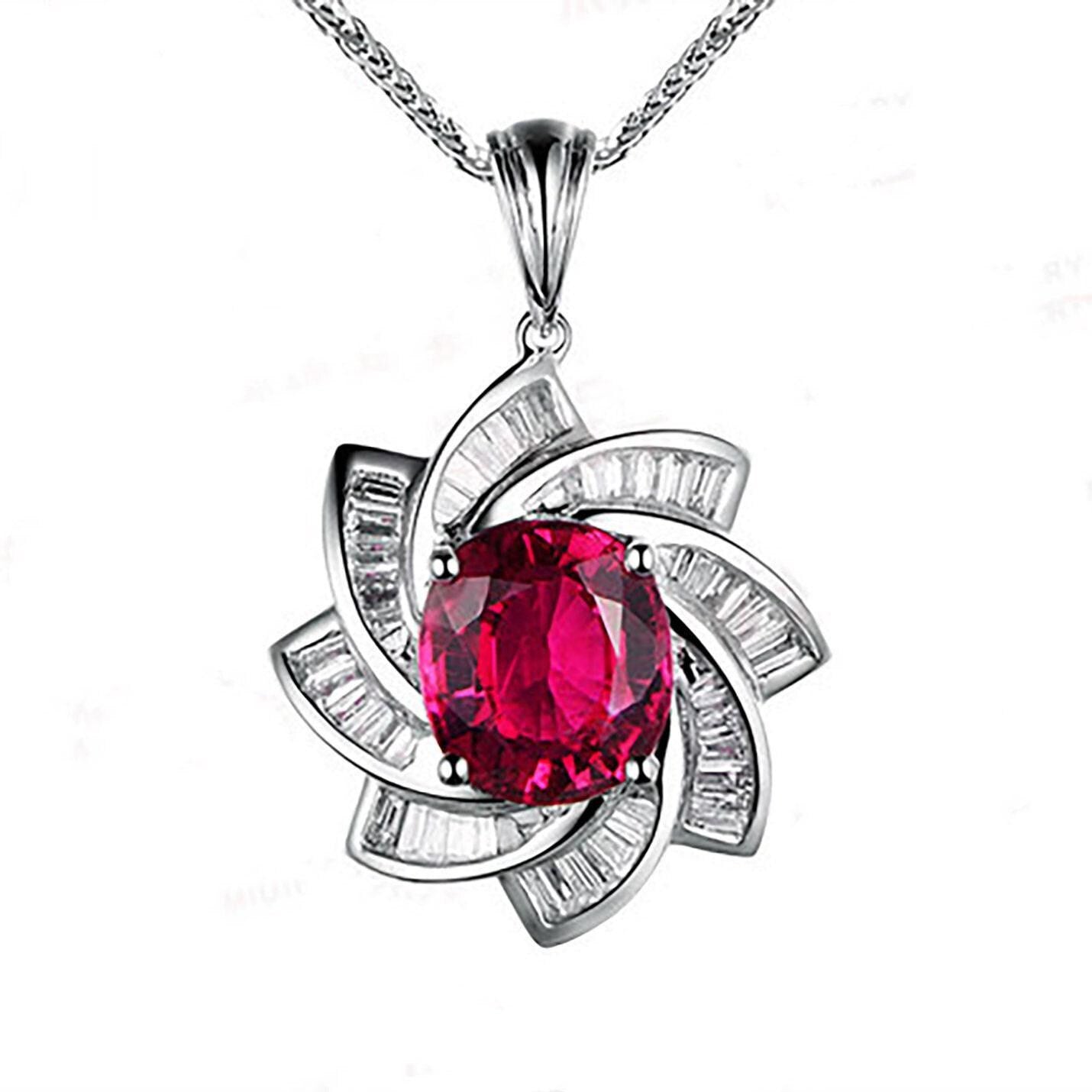 Large Ruby Necklace - Diamond Milky Way Spiral Pendant - 18KGP White Gold Sterling Silver - 3 CT Galaxy Vortexes Windmill Ruby Jewelry #1001