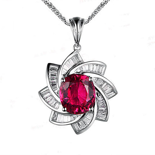 Large Ruby Necklace - Diamond Milky Way Spiral Pendant - 18KGP White Gold Sterling Silver - 3 CT Galaxy Vortexes Windmill Ruby Jewelry #1001