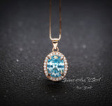Aquamarine Necklace - Sterling Silver Rose Gold Halo Blue Aquamarine Pendant 18kgp @ Sterling Silver March Birthstone Adjustable Chain #316
