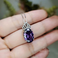 Created synthetic Amethyst Necklace - Diamond Crown 6 CT Amethyst Pendant - Sterling Silver White Gold Plated Large Purple Jewelry #657