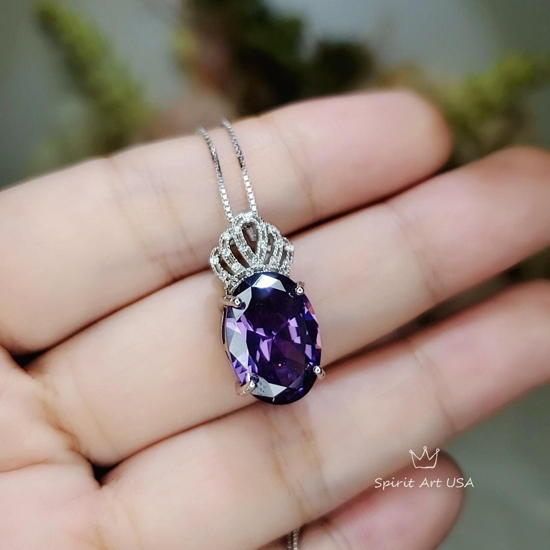 Created synthetic Amethyst Necklace - Diamond Crown 6 CT Amethyst Pendant - Sterling Silver White Gold Plated Large Purple Jewelry #657