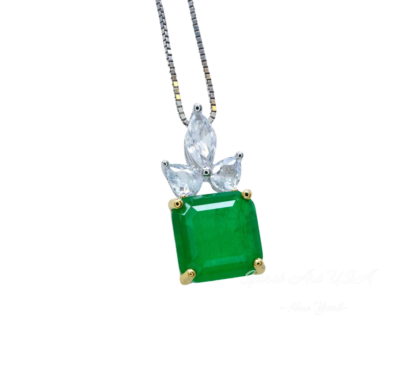 Square Cut Emerald Necklace ‐ May Birthstone Jewelry, 18K Gold Plated Sterling Silver Pendant, Chain Gift #462