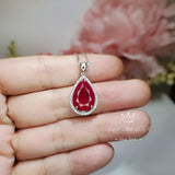 Large Teardrop Red Ruby Necklace - Sterling Silver 5.5 CT Red Corundum Ruby Pendant - 18KGP #613