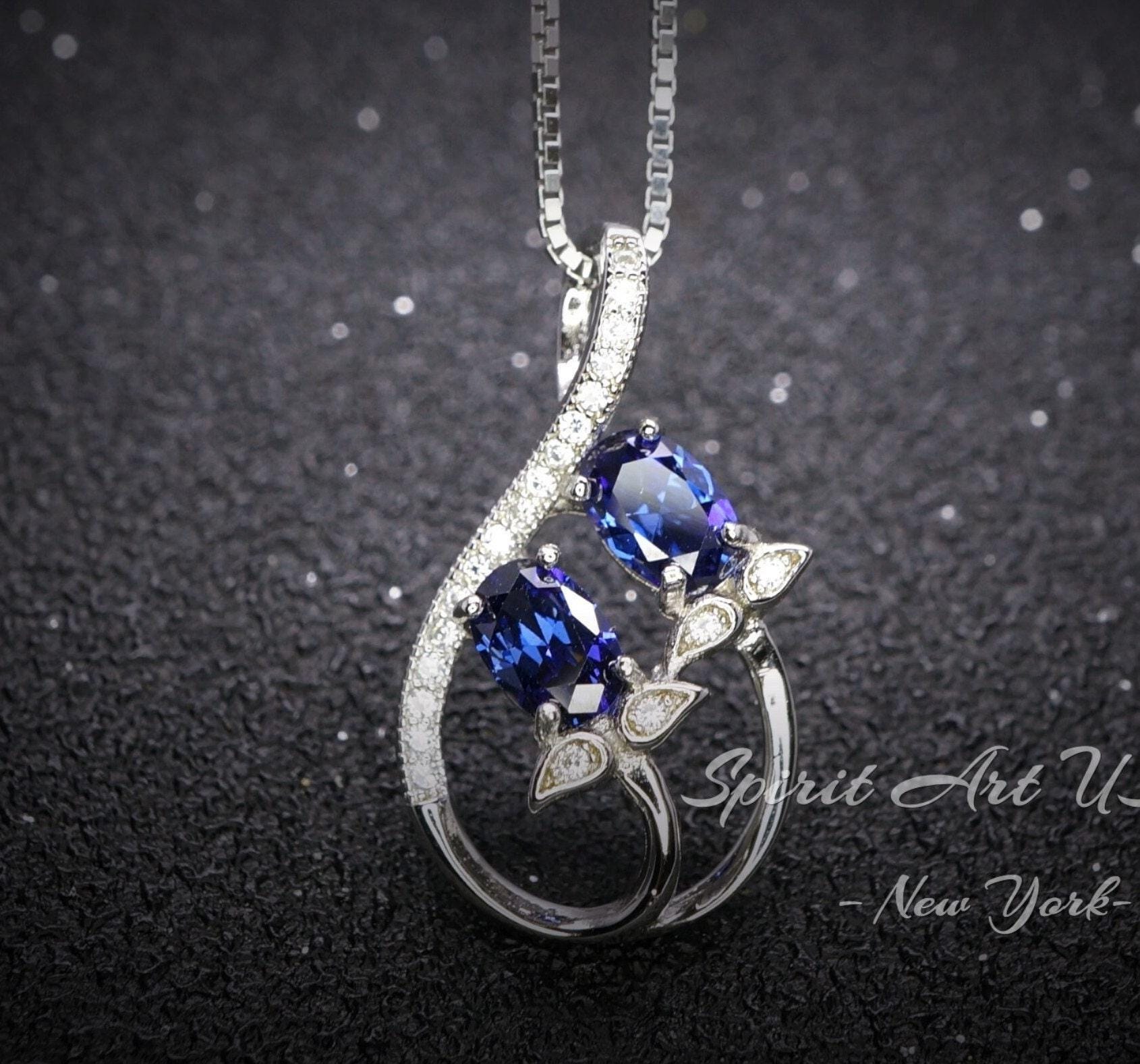 Tanzanite Necklace - Sterling Silver Leaf Double Stone December Birthstone Tiny Deliciated Lab Created Tanzanite Pendant #345