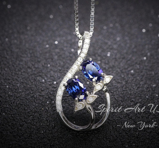 Tanzanite Necklace - Sterling Silver Leaf Double Stone December Birthstone Tiny Deliciated Lab Created Tanzanite Pendant #345