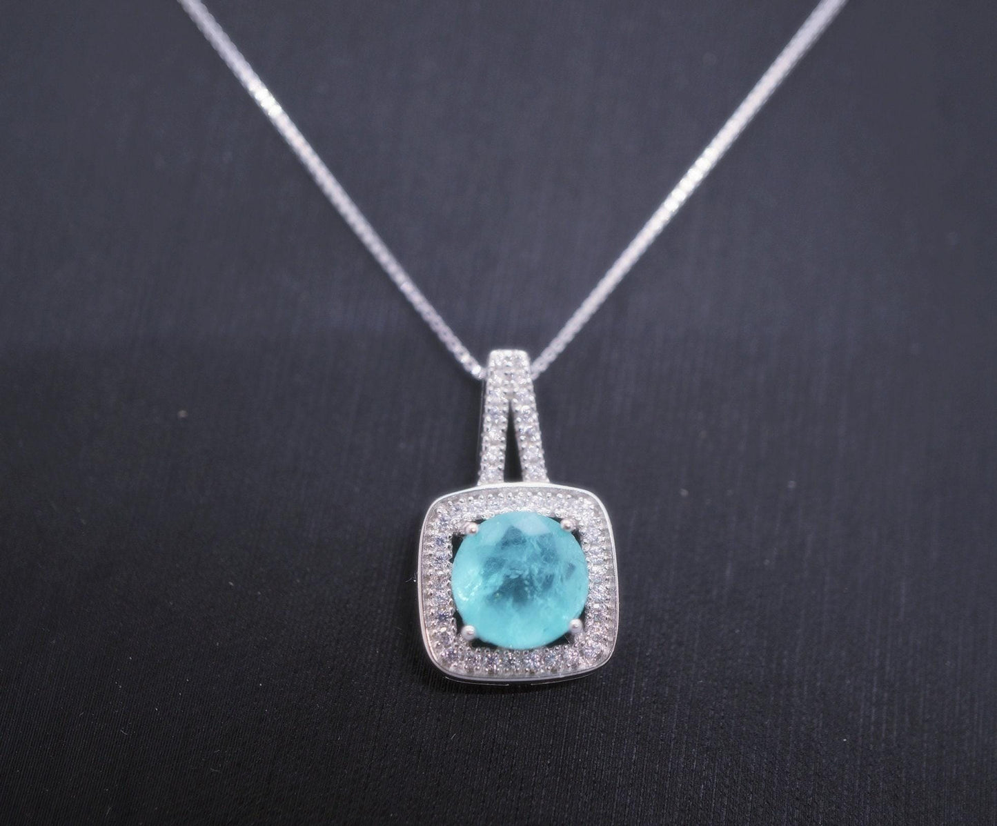 Square Blue Paraiba Tourmaline Necklace Sterling Silver 8 mm Round Paraiba Gemstone Pendant #007