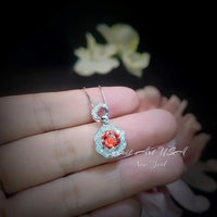 Orange Sunstone Necklace Rose Flower Style - 18kgp Sterling Silver - Dainty Round Cut Gemstone Halo Spessartite Garnet Pendant #400
