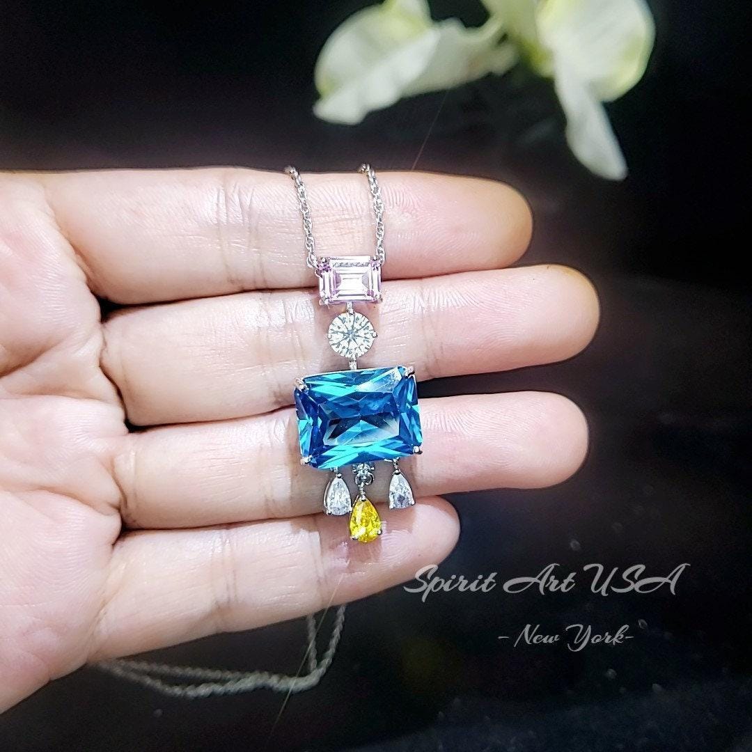 Geometric Scissor Blue Topaz Necklace - Sterling Silver Tassel Dangle Blue Topaz Pendant - White Gold coated #909
