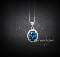Halo Blue Sapphire Necklace - Oval 2 CT Royal Blue Gemstone Pendant - Gemstone White Gold Coated Sterling Silver - September Birthstone #285