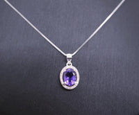 Sterling Silver Halo Natural Amethyst Necklace - Crown Chakra Healing Genuine Salitaire Oval Amethyst Pendant 1080