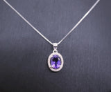 Sterling Silver Halo Natural Amethyst Necklace - Crown Chakra Healing Genuine Salitaire Oval Amethyst Pendant 1080