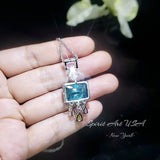 Geometric Scissor Blue Topaz Necklace - Sterling Silver Tassel Dangle Blue Topaz Pendant - White Gold coated #909