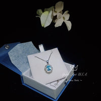 Aquamarine Necklace - Sterling Silver Rose Gold Halo Blue Aquamarine Pendant 18kgp @ Sterling Silver March Birthstone Adjustable Chain #316