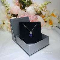 Created synthetic Amethyst Necklace - Diamond Crown 6 CT Amethyst Pendant - Sterling Silver White Gold Plated Large Purple Jewelry #657