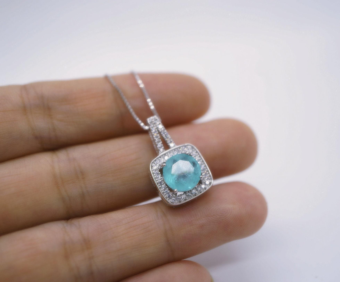 Square Blue Paraiba Tourmaline Necklace Sterling Silver 8 mm Round Paraiba Gemstone Pendant #007