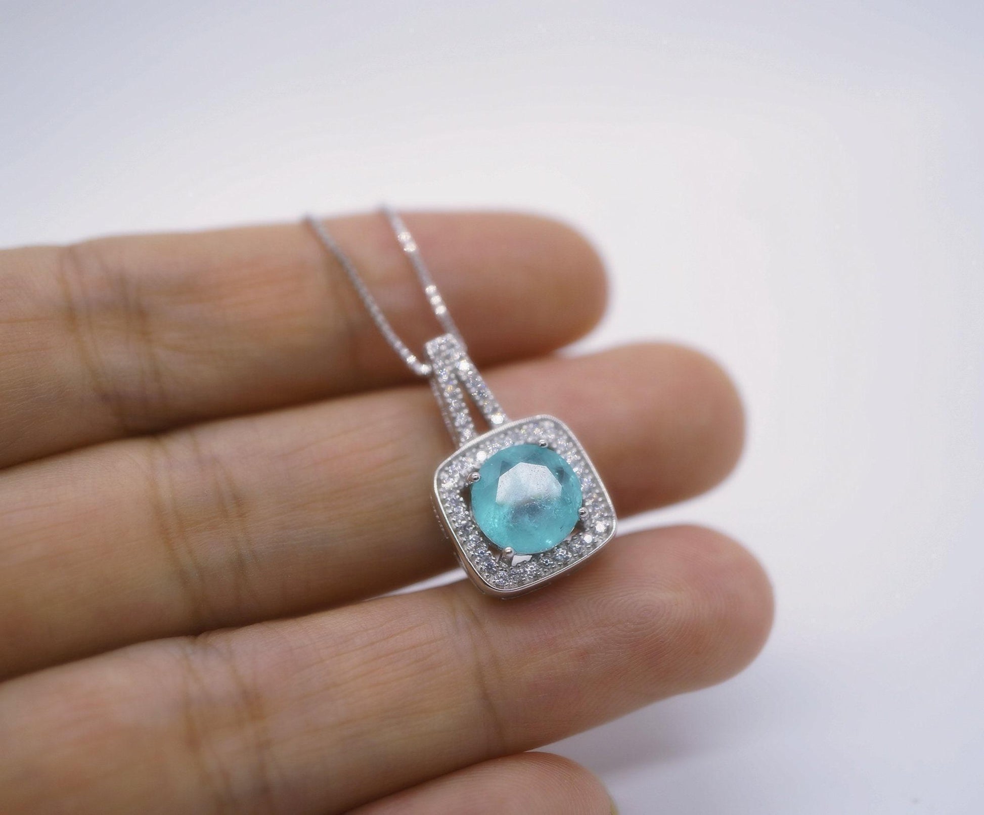 Square Blue Paraiba Tourmaline Necklace Sterling Silver 8 mm Round Paraiba Gemstone Pendant #007