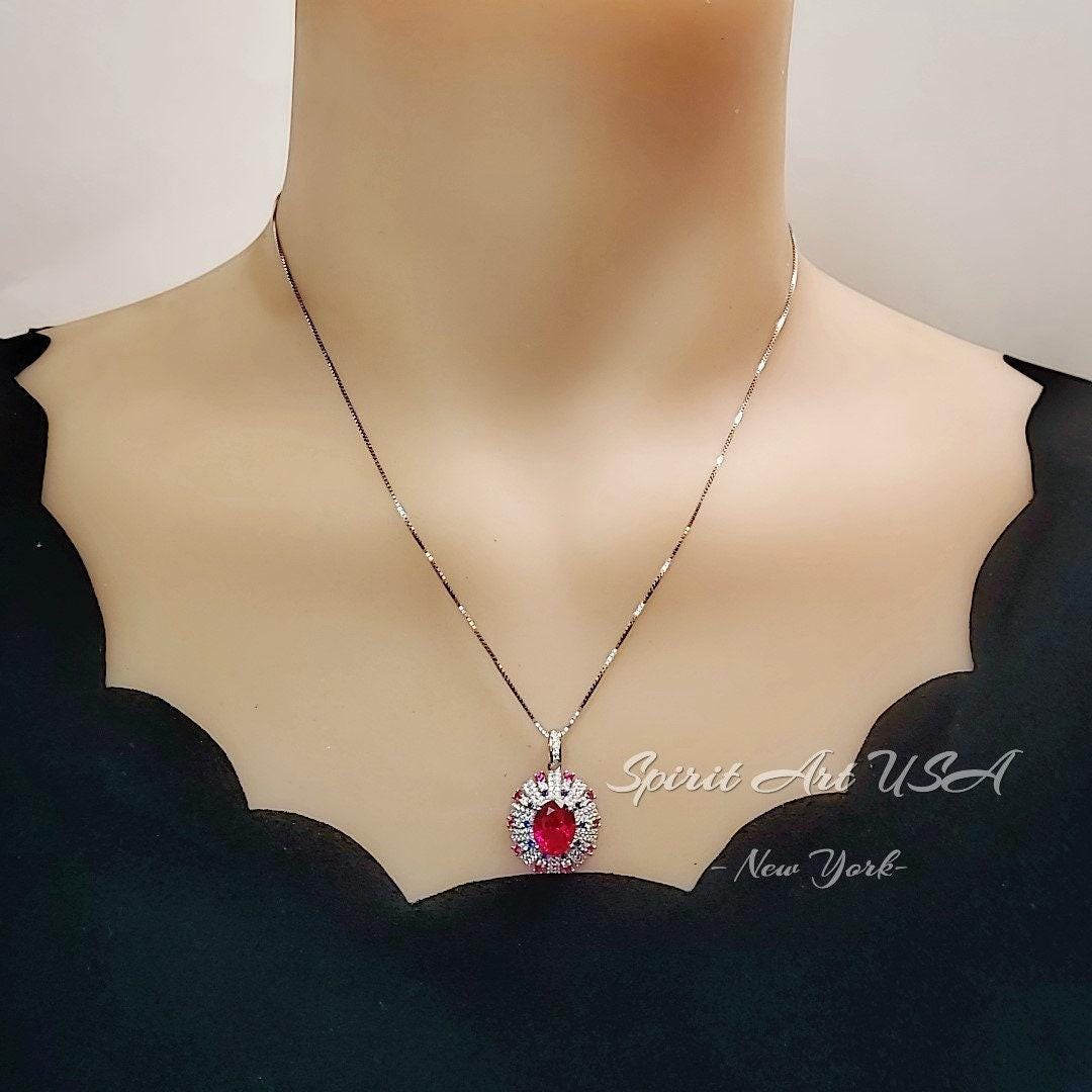 Luxury Radiant Red Ryby Necklace - Source Light Style - 18kgp @ Sterling Silver - Exclusive Design 2.8 CT Ruby Pendant #901