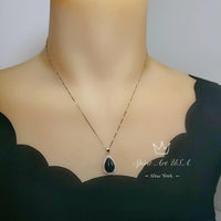 Large Natural Black Onyx Necklace - Root Chakra Healing - Sterling Silver Genuine Teardrop Gemstone Halo Black Onyx Pendant #932