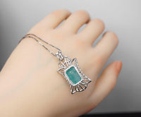 Large Paraiba Necklace - Sterling Silver Gemstone Square Royal Flower Pendant Blue Paraiba Tourmaline Pendant Jewelry #733
