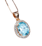 Aquamarine Necklace - Sterling Silver Rose Gold Halo Blue Aquamarine Pendant 18kgp @ Sterling Silver March Birthstone Adjustable Chain #316
