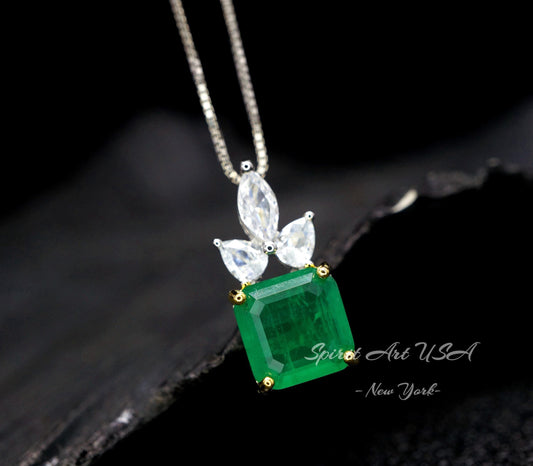 Square Cut Emerald Necklace ‐ May Birthstone Jewelry, 18K Gold Plated Sterling Silver Pendant, Chain Gift #462