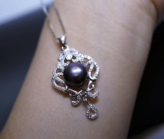 Large Freshwater Black Pearl Necklace - Full Full Sterling Silver High Quality Genuine Black Pearl Tassel Necklace 1024