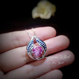 Pink Tourmaline Necklace - Hold Your Heart Pendant - 18KGP @ Sterling Silver - Blue Sapphire Style - Round Cut Pink Tourmaline Pendant #594