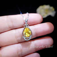2.5 CT Yellow Moissanite Gemstone Necklace Sterling Silver Teardrop Created Citrine Gemstone Pendant - November Birthstone #395