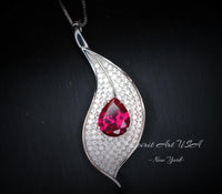 Ruby Necklace - Large Single Gemstone Leaf Necklace - 18KGP @ Sterling Silver - 3 CT Teardrop Red Ruby Jewelry - Large Ruby Pendant #894