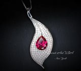 Ruby Necklace - Large Single Gemstone Leaf Necklace - 18KGP @ Sterling Silver - 3 CT Teardrop Red Ruby Jewelry - Large Ruby Pendant #894
