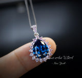 Teardrop Blue Sapphire Necklace Pink Tourmaline Surrounded Halo Large Solitaire Pear Cut Blue Sapphire Pendant 18kgp @ Sterling Silver #686