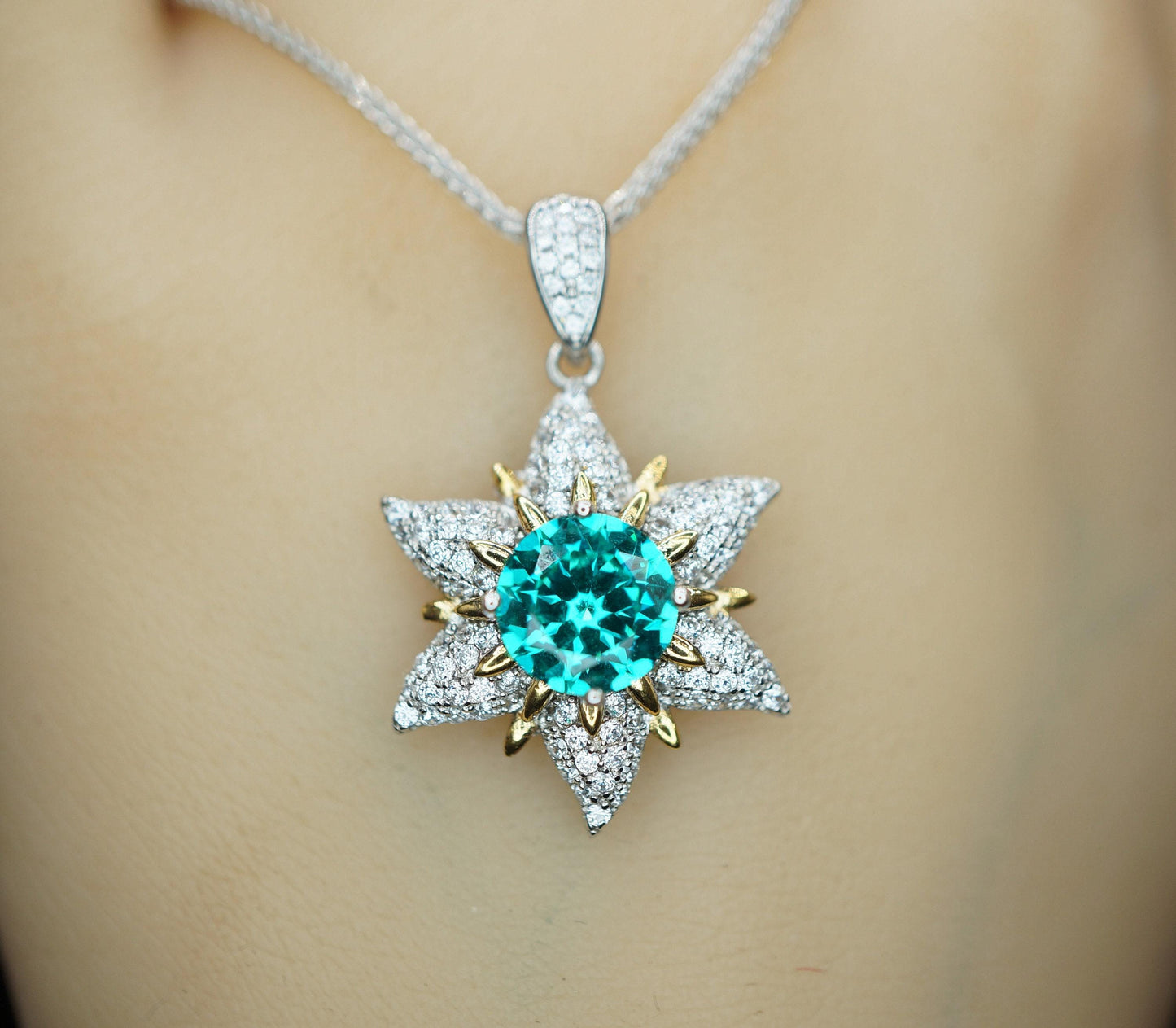 Greenish Blue Paraiba Necklace - Sterling Silver Star fish Paraiba Jewelry Blueish Green Paraiba tourmaline Pendant #831