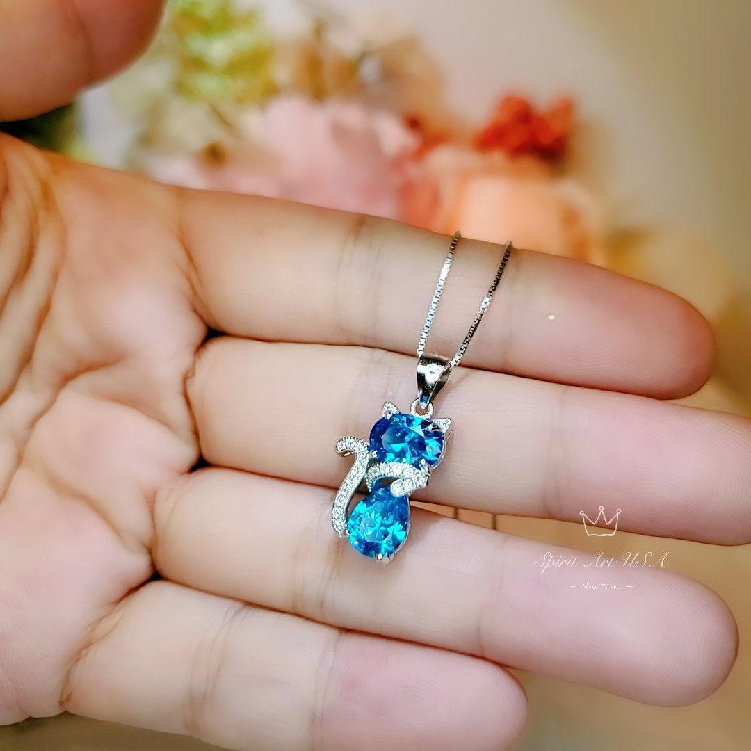 Cat Blue Topaz Necklace, Kitty Cat Swiss Blue Topaz Pendant Gemstone White Gold Plated Sterling Silver Pets Lover Jewelry #216