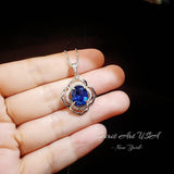 Large Blue Sapphire Necklace - 18kgp Sterling Silver - Flower Of Life Necklace - 4 Ct Solitaire Halo Blue Sapphire Pendant #563