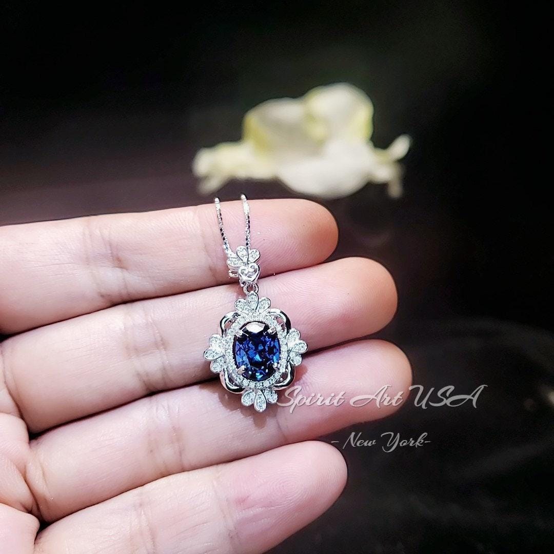 Blue Sapphire Necklace - Gemstone Flower White Gold Coated Sterling Silver 2.5 Ct September Birthstone Royal Solitaire Artist Design #648