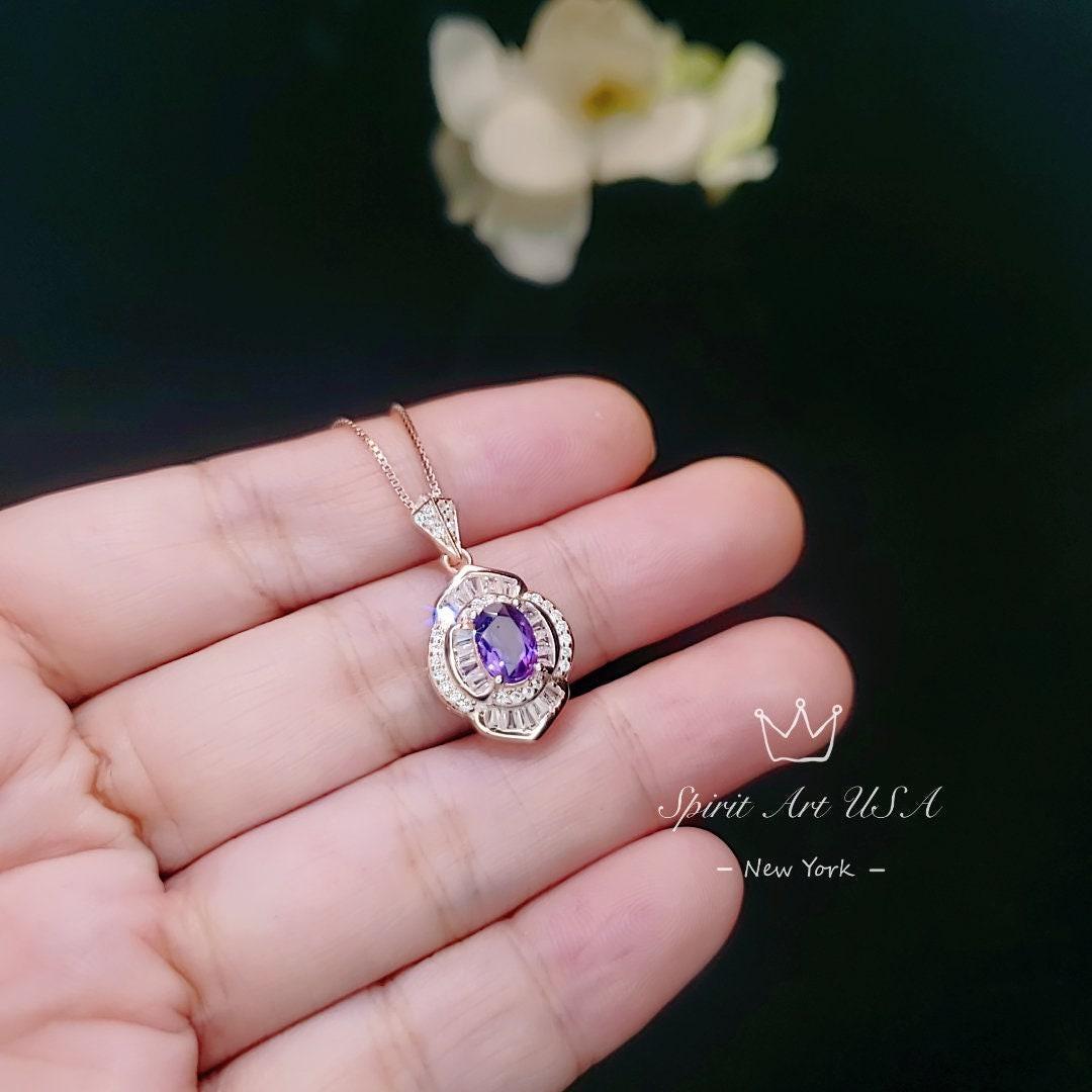 Amethyst Necklace - Rose Gold Sterling Silver - Lotus Amethyst Pendant - February Birthstone - Purple Gemstone Jewelry #615