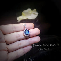 Teardrop Blue Sapphire Necklace Pink Tourmaline Surrounded Halo Large Solitaire Pear Cut Blue Sapphire Pendant 18kgp @ Sterling Silver #686