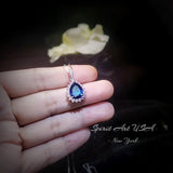 Teardrop Blue Sapphire Necklace Pink Tourmaline Surrounded Halo Large Solitaire Pear Cut Blue Sapphire Pendant 18kgp @ Sterling Silver #686