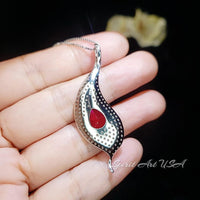 Ruby Necklace - Large Single Gemstone Leaf Necklace - 18KGP @ Sterling Silver - 3 CT Teardrop Red Ruby Jewelry - Large Ruby Pendant #894