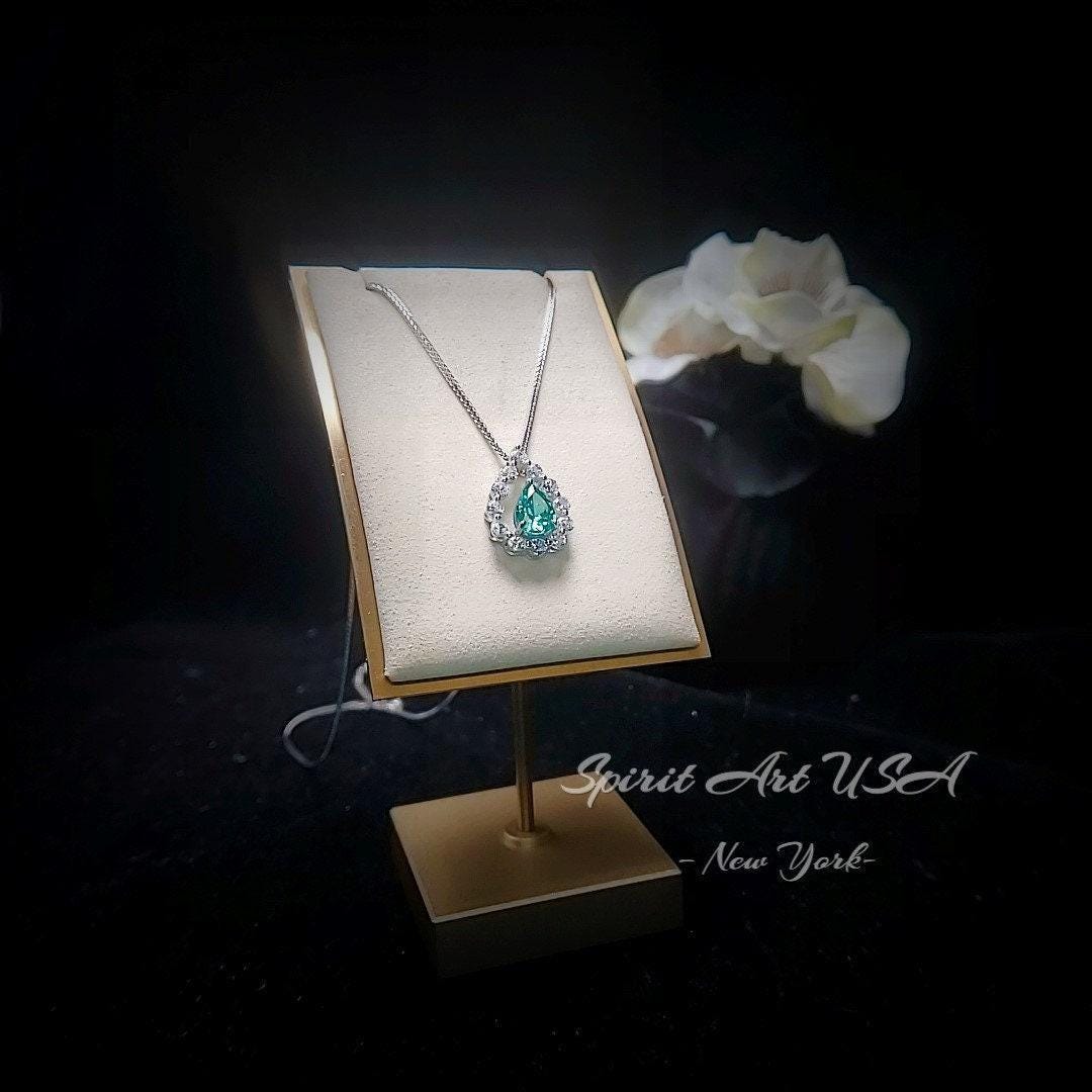 Green Paraiba Necklace - 18KGP @ Sterling Silver - 2.5 CT - Gemstone Halo Teardrop Green Paraiba Tourmaline Necklace #969