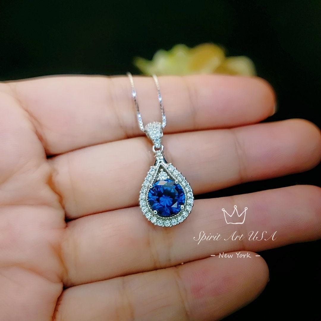 Round Blue Sapphire Gemstone Teardrop Necklace - Sterling Silver White Gold coated Sapphire Pendant #386