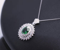Triple Gemstone Halo Emerald Necklace - 18KGP @ Sterling Silver - Oval Cut 1.5 CT Green Emerald Pendant #713